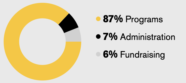 87% to programs, 8% to administration, 5% to fundraising.